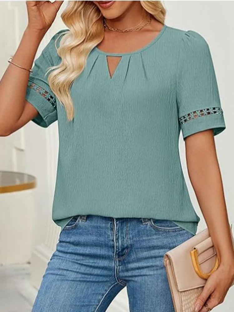Hollow Round Neck Short Sleeve Solid Color Lace Up Women's T-shirt Street Versatile Elegant Commuter Summer Top