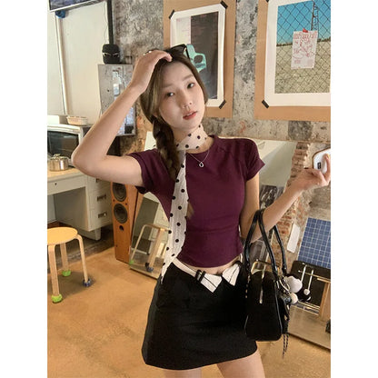 Round Neck T-Shirt Women's Slim Fit Shoulder Short Sleeved Summer Raglan Short Sleeved Top