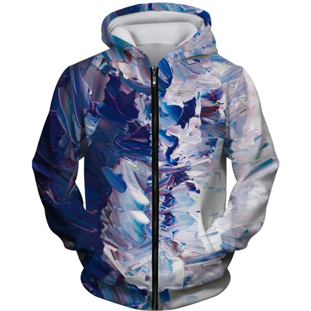 Abstract Art Zip Up Hoodie Blue Purple Green Watercolor Pattern Printed Casual Streetwear Sweatshirt with Hood Unisex Fashion