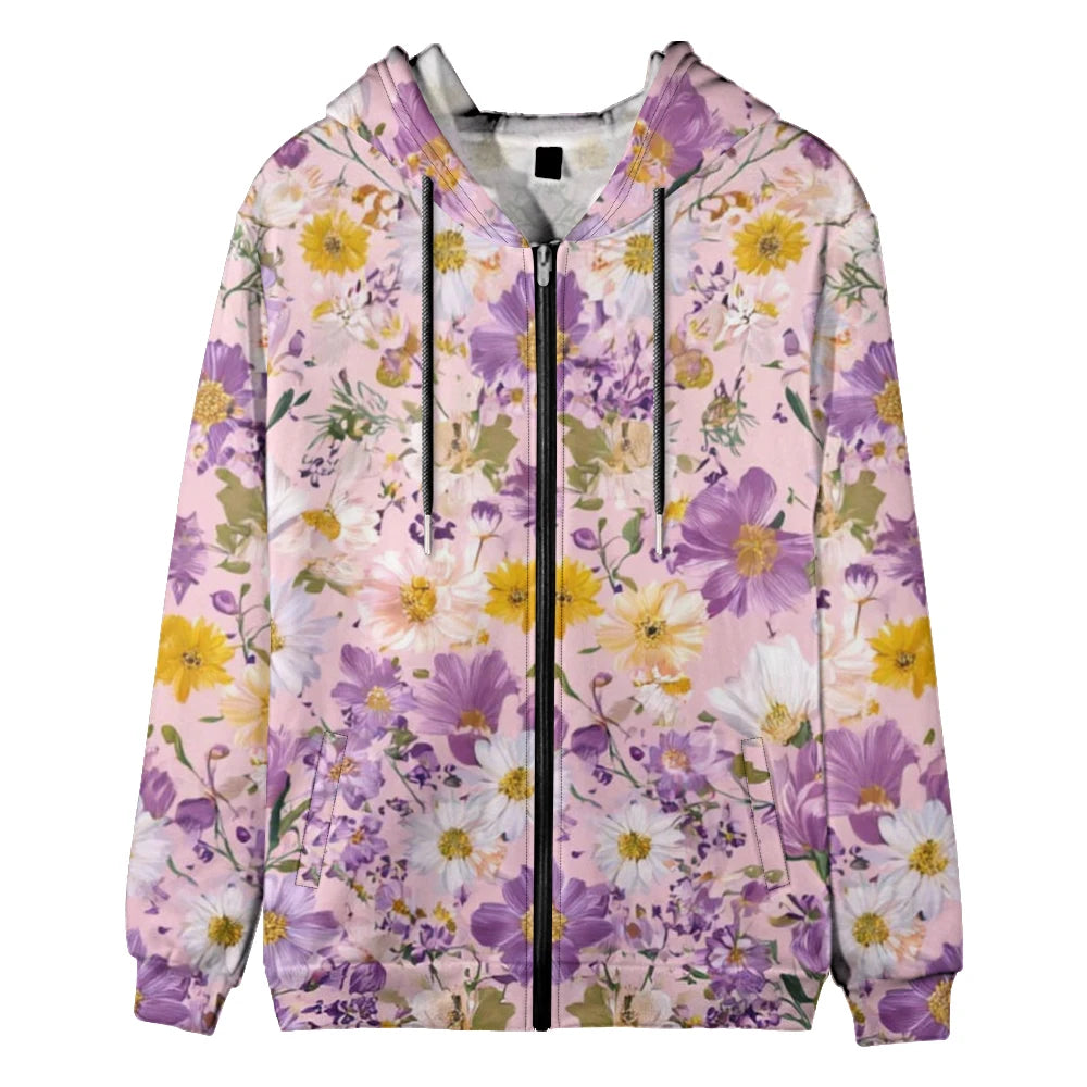 Trendy Floral Zip-Up Hoodies with Vibrant Flower Patterns Printed Unisex Spring Autumn Casual Streetwear and Outdoor Activities