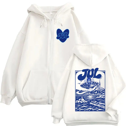 French Rapper JUL Zipper Hoodies Men Women Fashion Hip Hop Retro Zip Up Long Sleeves Hooded Sweatshirts Jackets Coats Streetwear
