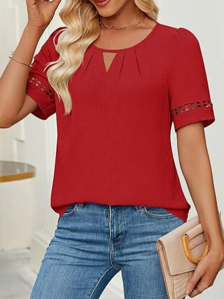 Hollow Round Neck  Short Sleeve Solid Color Lace Up Women's T-shirt Street Versatile Elegant Commuter Summer Top