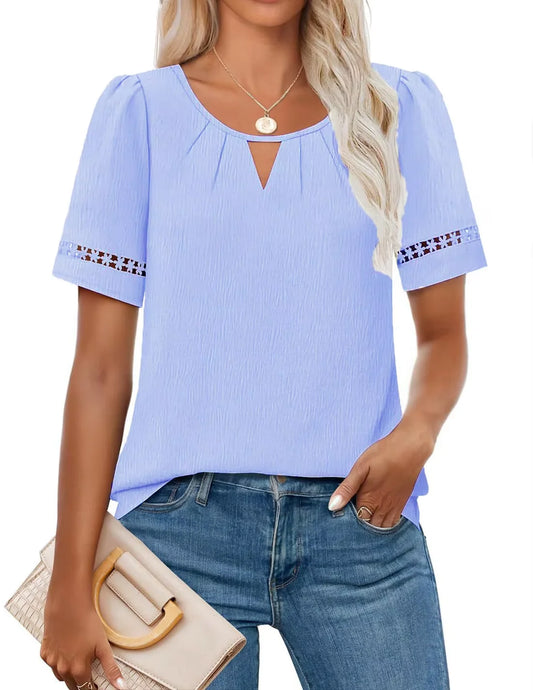 Hollow Round Neck  Short Sleeve Solid Color Lace Up Women's T-shirt Street Versatile Elegant Commuter Summer Top