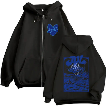French Rapper JUL Zipper Hoodies Men Women Fashion Hip Hop Retro Zip Up Long Sleeves Hooded Sweatshirts Jackets Coats Streetwear