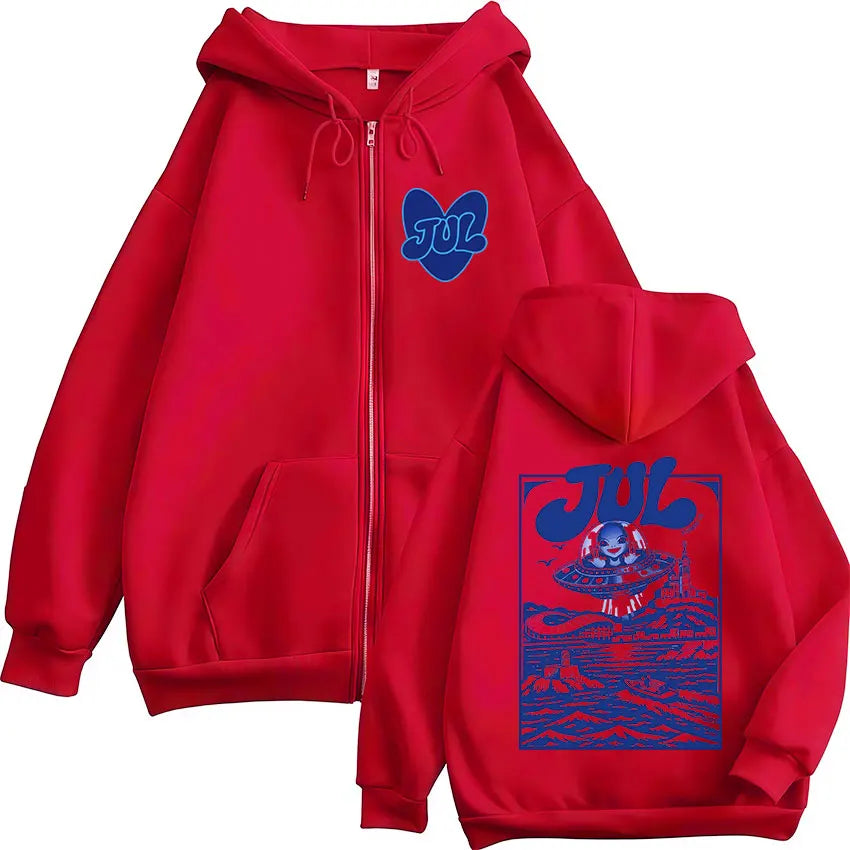 French Rapper JUL Zipper Hoodies Men Women Fashion Hip Hop Retro Zip Up Long Sleeves Hooded Sweatshirts Jackets Coats Streetwear