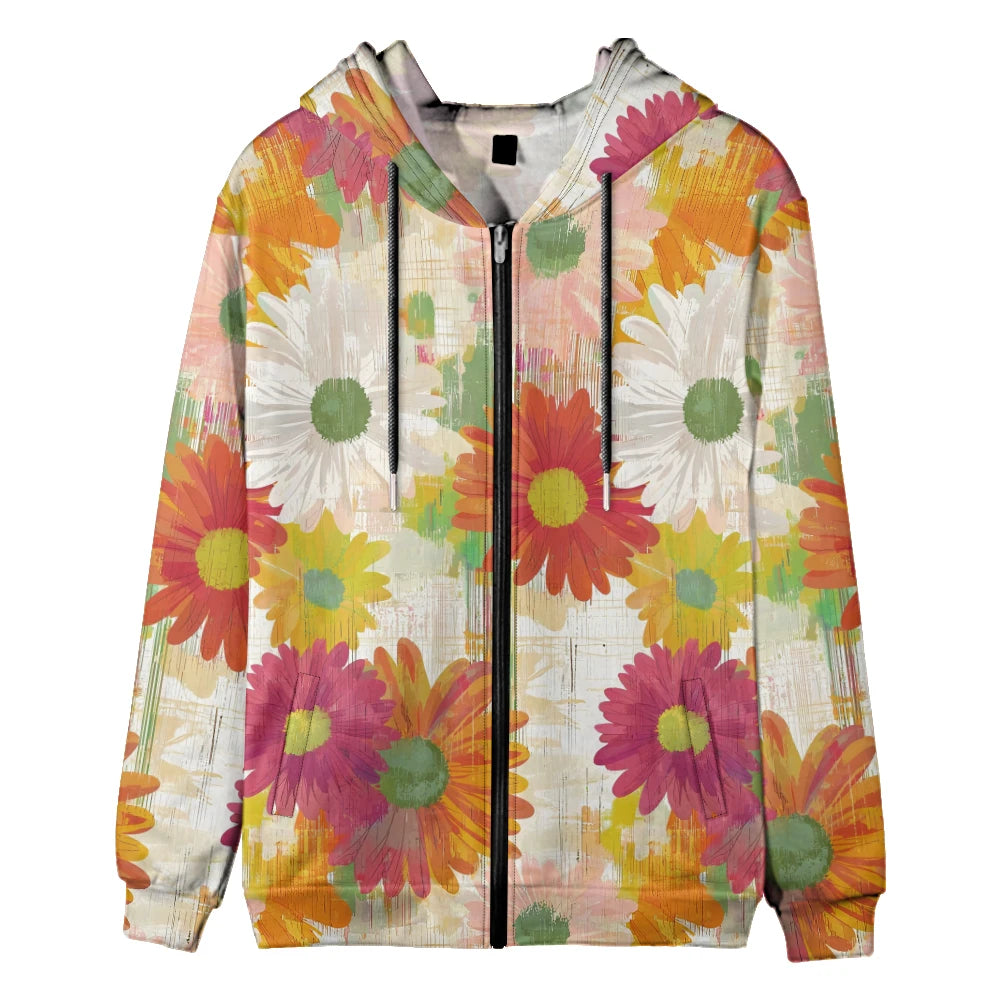 Trendy Floral Zip-Up Hoodies with Vibrant Flower Patterns Printed Unisex Spring Autumn Casual Streetwear and Outdoor Activities