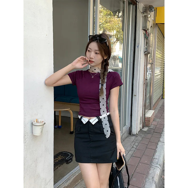 Round Neck T-Shirt Women's Slim Fit Shoulder Short Sleeved Summer Raglan Short Sleeved Top
