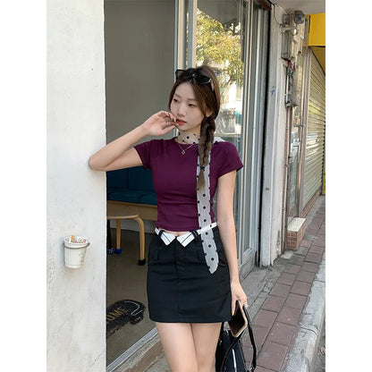 Round Neck T-Shirt Women's Slim Fit Shoulder Short Sleeved Summer Raglan Short Sleeved Top