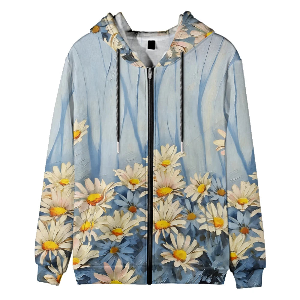 Trendy Floral Zip-Up Hoodies with Vibrant Flower Patterns Printed Unisex Spring Autumn Casual Streetwear and Outdoor Activities