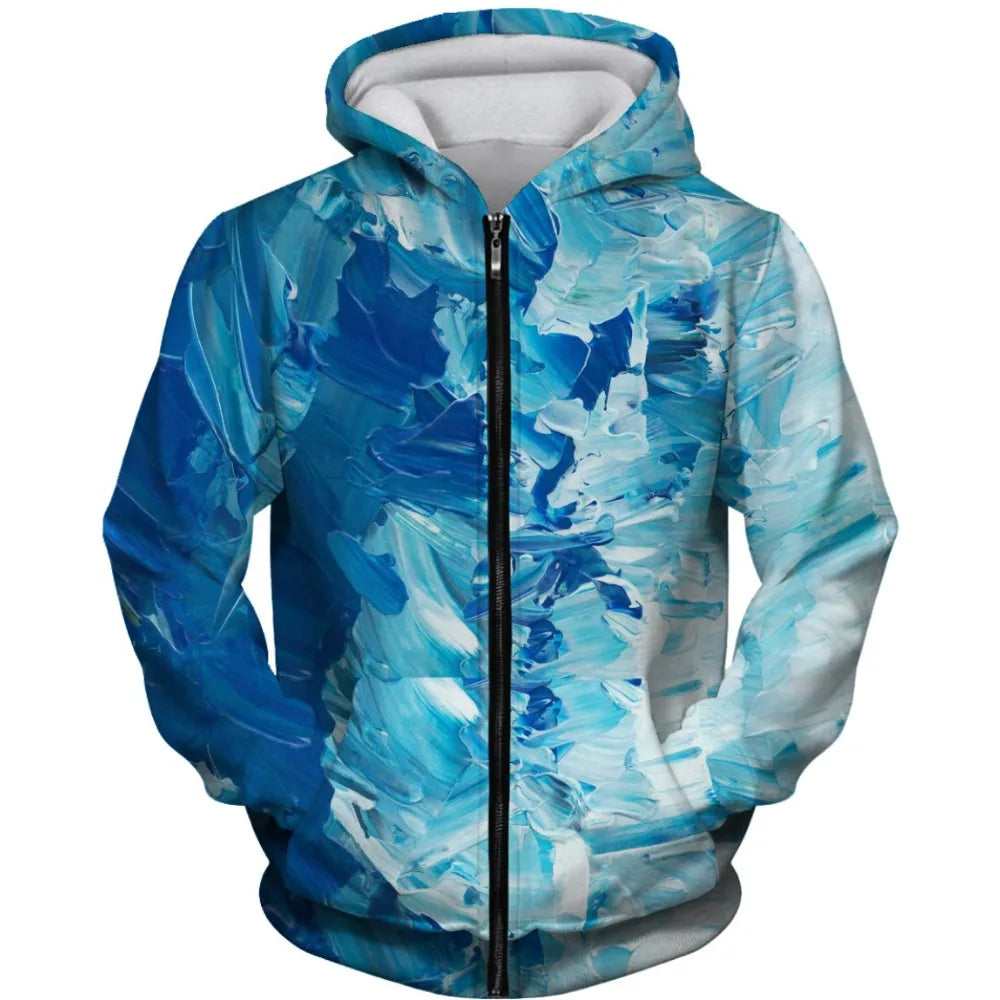 Abstract Art Zip Up Hoodie Blue Purple Green Watercolor Pattern Printed Casual Streetwear Sweatshirt with Hood Unisex Fashion