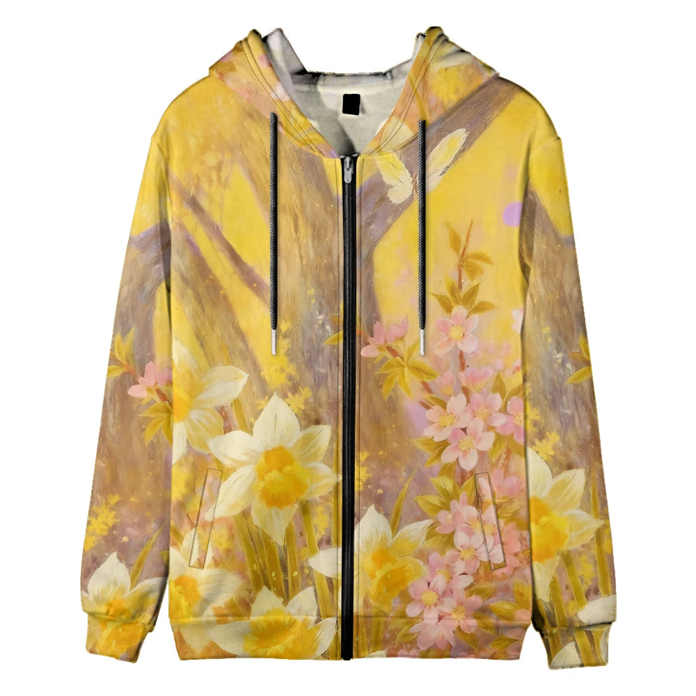 Trendy Floral Zip-Up Hoodies with Vibrant Flower Patterns Printed Unisex Spring Autumn Casual Streetwear and Outdoor Activities