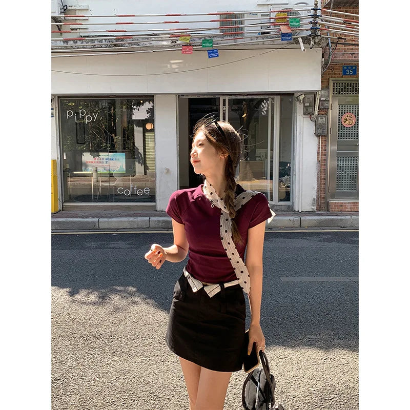 Round Neck T-Shirt Women's Slim Fit Shoulder Short Sleeved Summer Raglan Short Sleeved Top