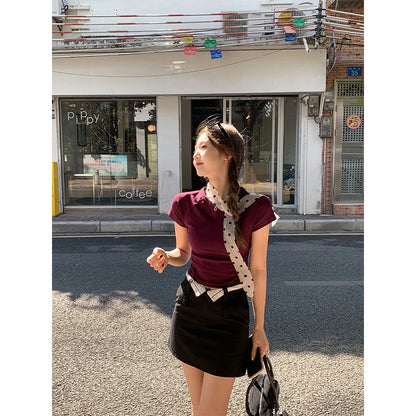 Round Neck T-Shirt Women's Slim Fit Shoulder Short Sleeved Summer Raglan Short Sleeved Top