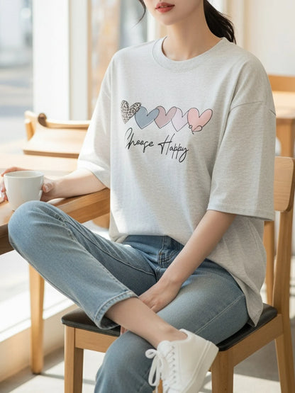 Womens Round Neck T-shirt with Arm Niche Design Printed Summer New Roosevelt Slim Fit Fashionable Top Plus Size Cotton Shirt Top