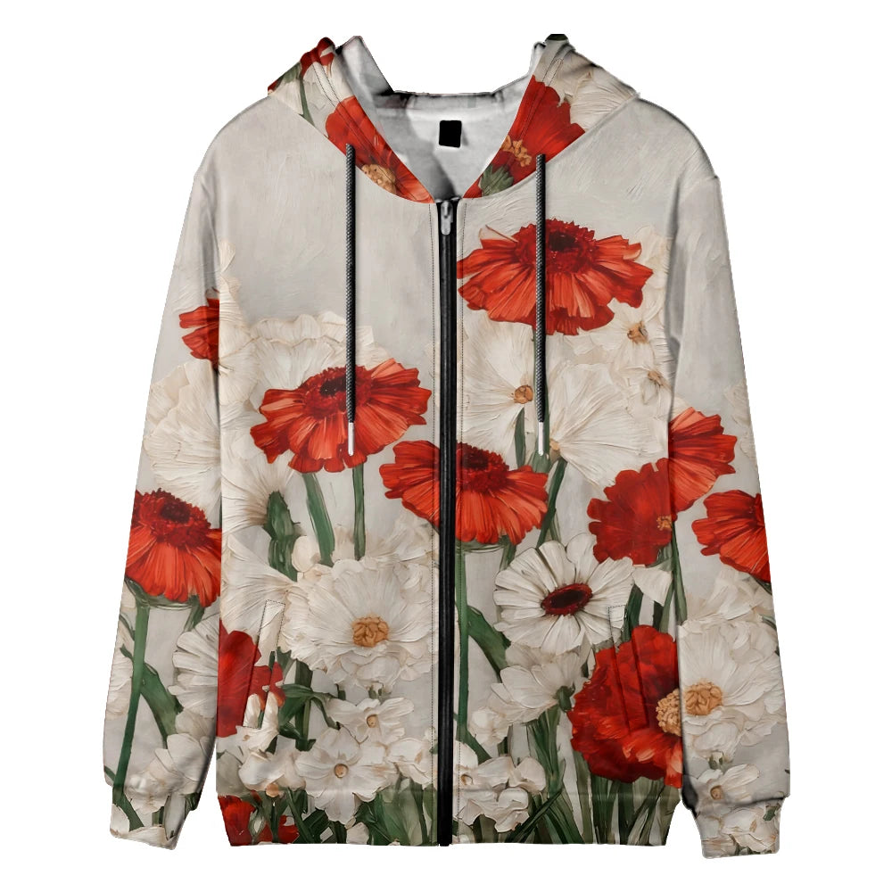 Trendy Floral Zip-Up Hoodies with Vibrant Flower Patterns Printed Unisex Spring Autumn Casual Streetwear and Outdoor Activities