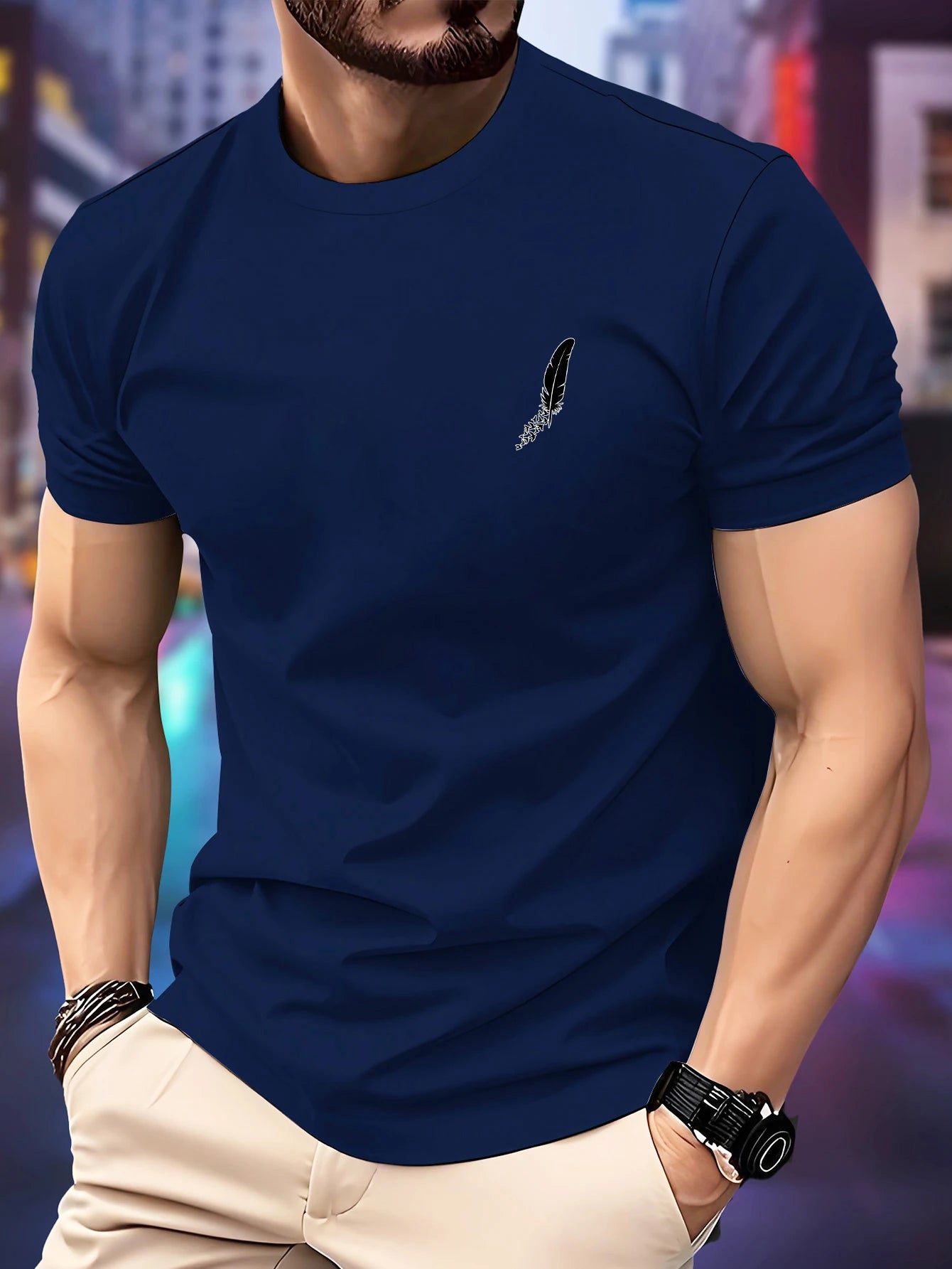 New Round Neck Running T-shirt Men Summer Thin Top Feather print Quick Dry Short Sleeve Breathable Fitness Sports T-shirt Wear