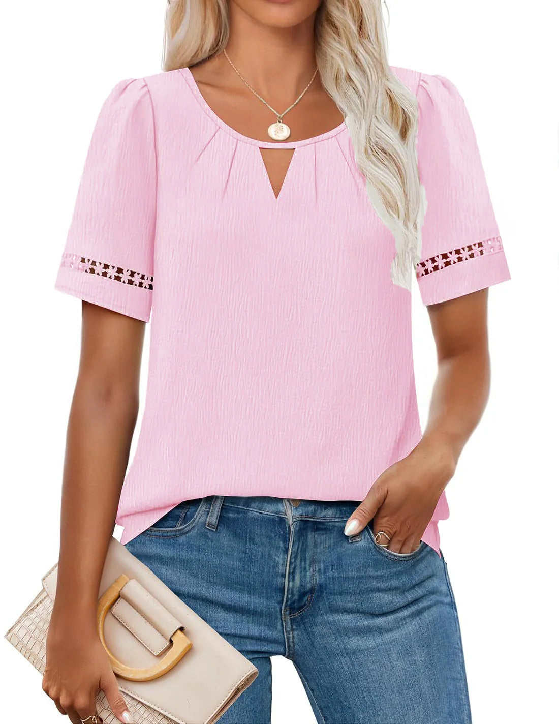 Hollow Round Neck  Short Sleeve Solid Color Lace Up Women's T-shirt Street Versatile Elegant Commuter Summer Top