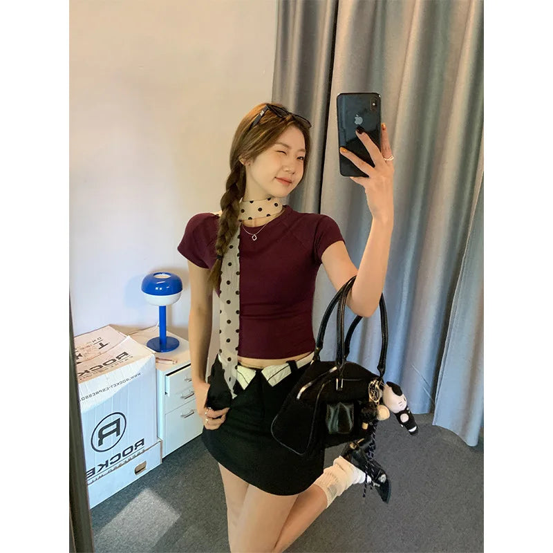 Round Neck T-Shirt Women's Slim Fit Shoulder Short Sleeved Summer Raglan Short Sleeved Top