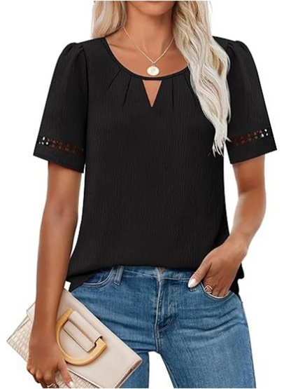 Hollow Round Neck  Short Sleeve Solid Color Lace Up Women's T-shirt Street Versatile Elegant Commuter Summer Top